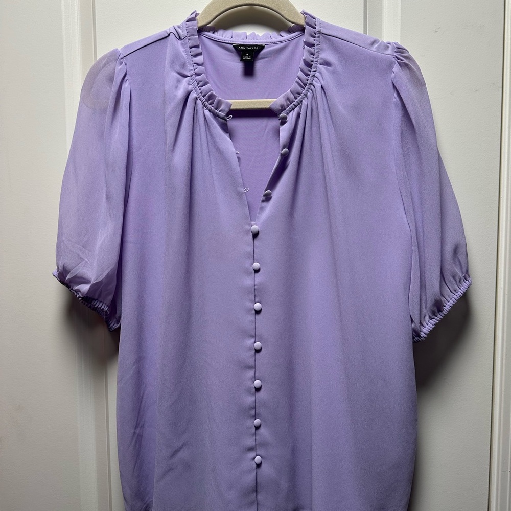Ann Taylor Mixed Media Lavender Ruffle Neck Blouse